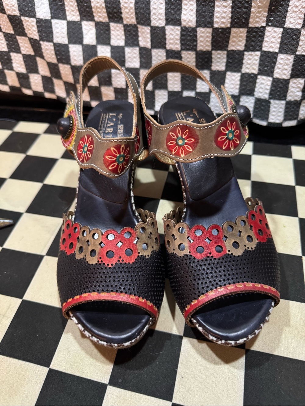 Spring Step Black and Red Floral Cutout Wedge Sandals by L’ARTISTE